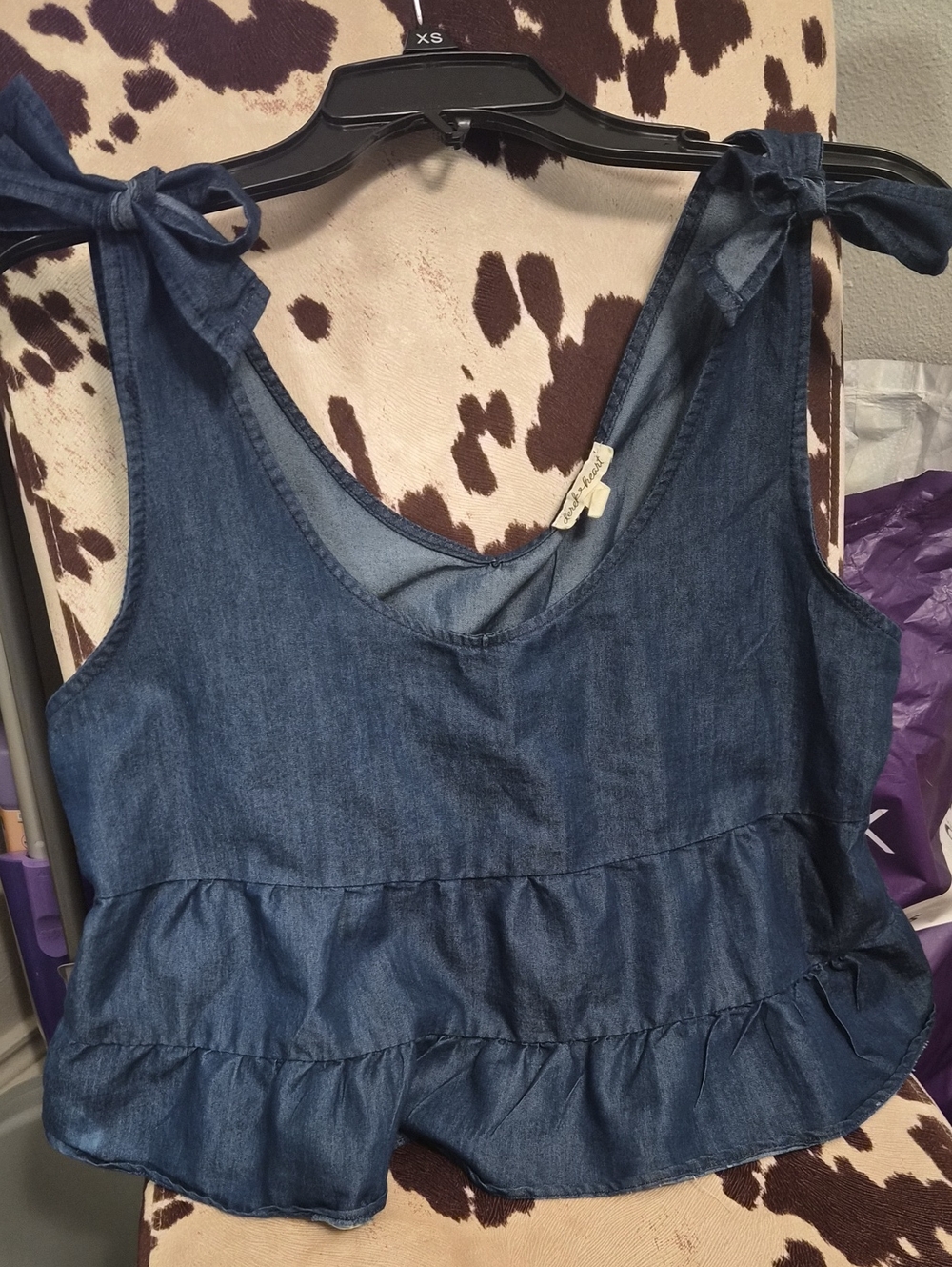 Denim Peplum Top With Bows